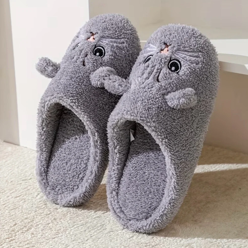 Cozy Gray Cat Slippers for Women